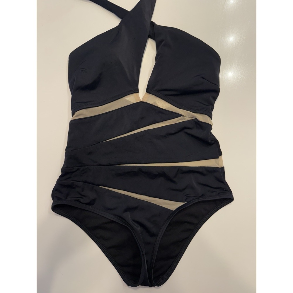 Moeva London Black Mesh Panel Plunge Halter One‑Piece Swimsuit S - Picture 2 of 9